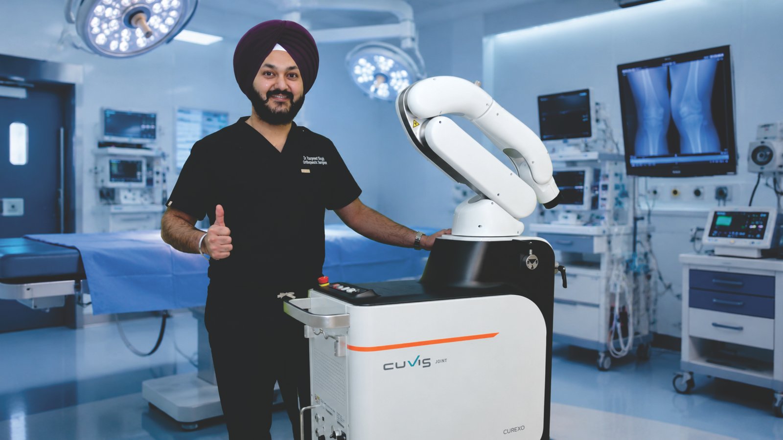 Dr. Nagpal with the CUVIS robotic system in the operating theatre